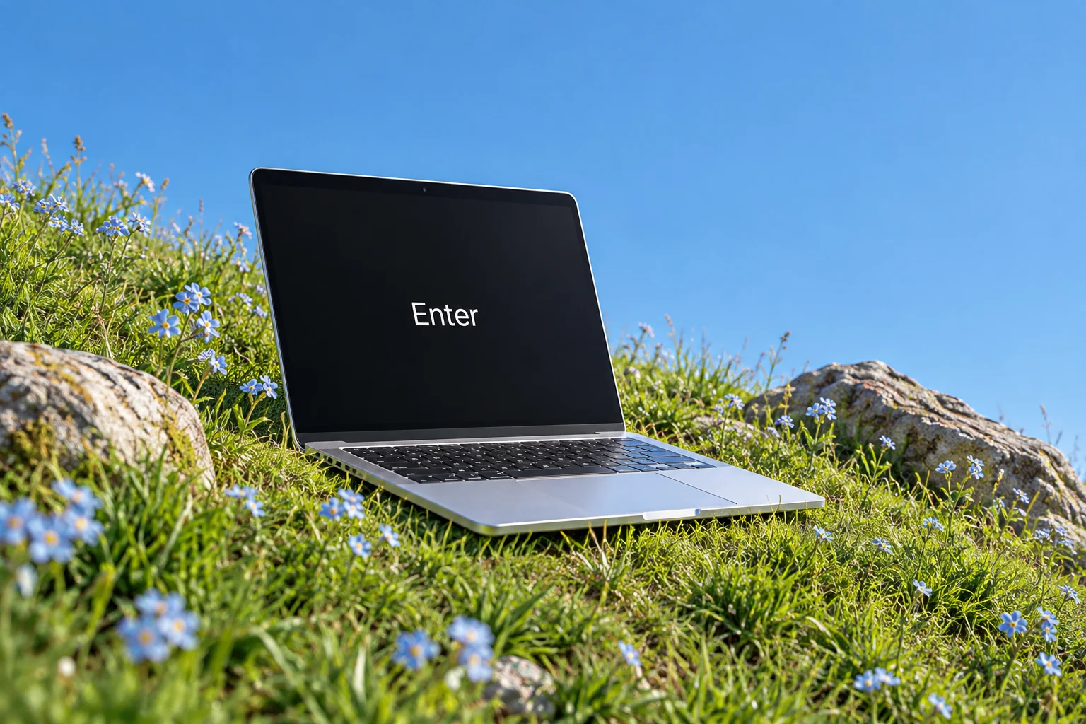 Ноутбук с надписью Enter на экране среди полевых цветов под голубым небом
